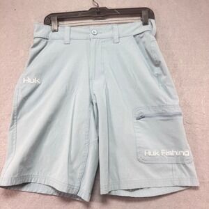 Huk Mens Performance Fishing Shorts Small 30x10 Light Blue Cargo Pocket Stretch